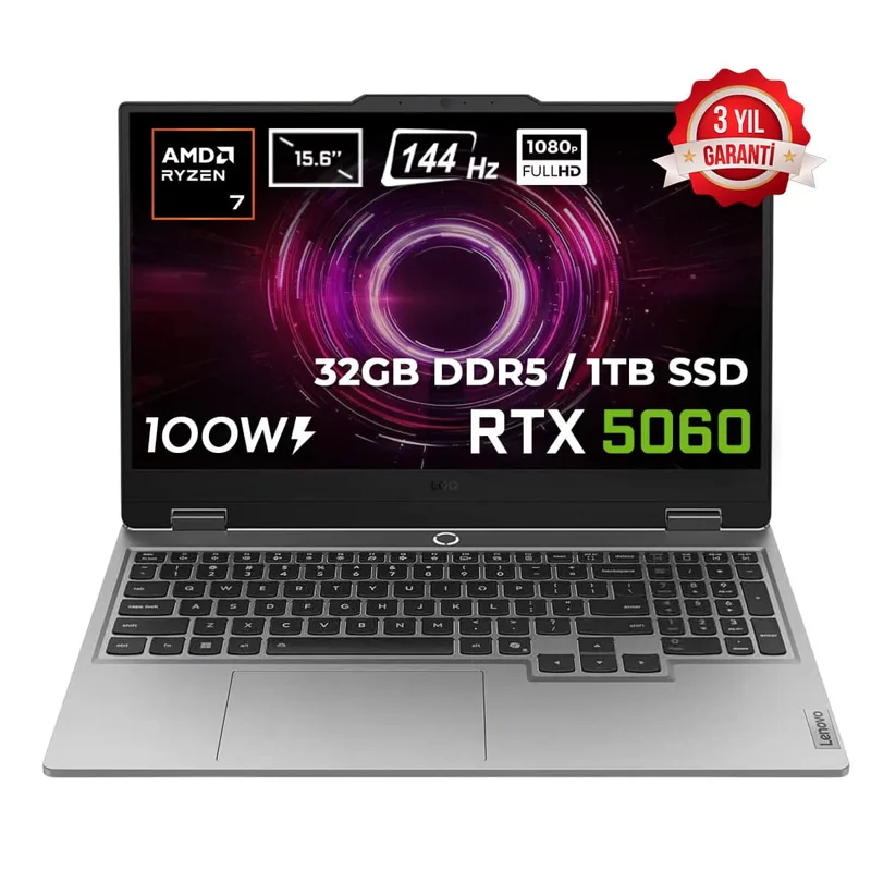 Lenovo LOQ 15AHP10 AMD Ryzen 7-250 GeForce RTX 5060 8GB 100W 32GB DDR5 1TB SSD 15.6 inç Full HD 144Hz FreeDos Gaming Laptop (83JG00BLTR)
