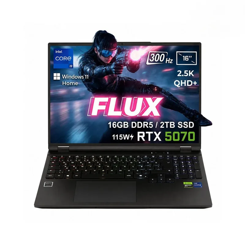 GameRaider FLUX GR16 Intel Core i9-14900HX GeForce RTX 5070 8GB 115W 16GB DDR5 2TB SSD 16 inç 2.5K QHD+ 300Hz W11 Home Gaming Laptop – Çanta Hediyeli