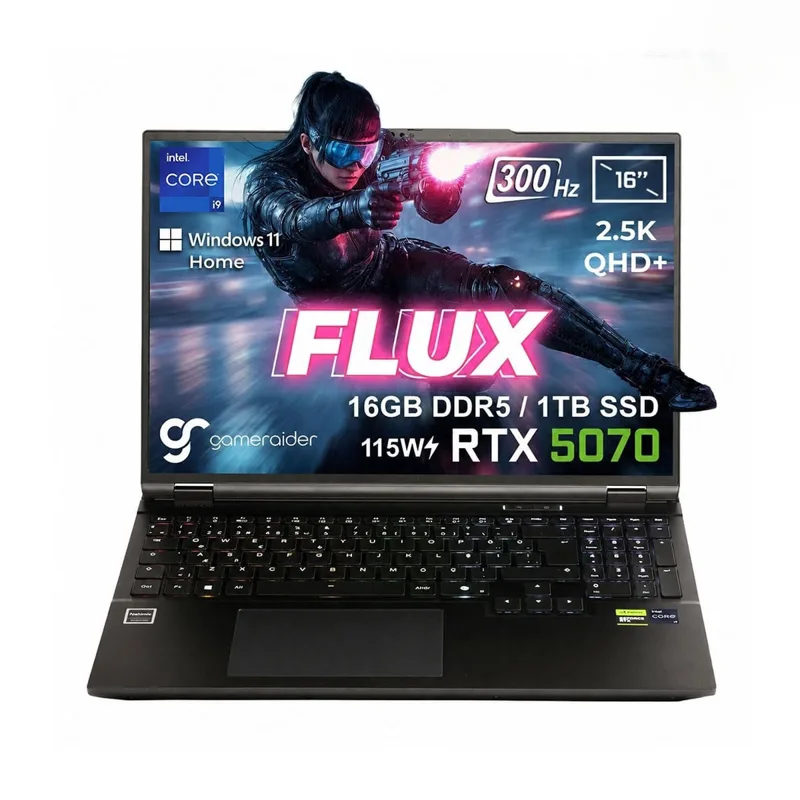 GameRaider FLUX GR16 Intel Core i9-14900HX GeForce RTX 5070 8GB 115W 16GB DDR5 1TB SSD 16 inç 2.5K QHD+ 300Hz W11 Home Gaming Laptop – Çanta Hediyeli