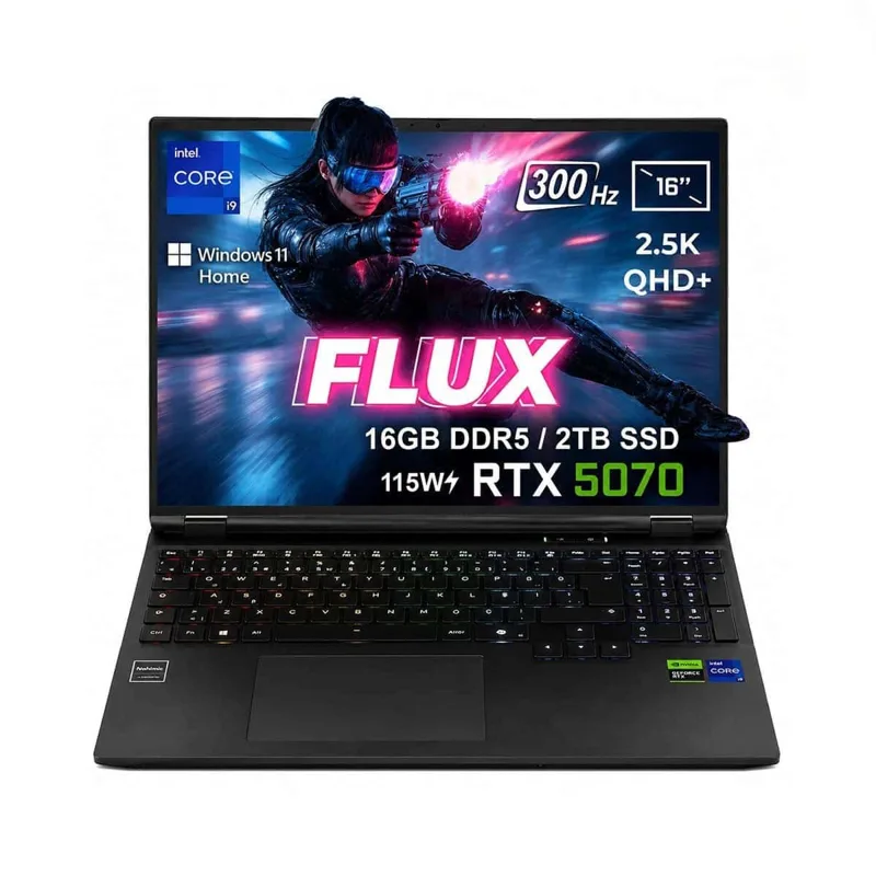 GameRaider FLUX GR16 Intel Core i9-14900HX GeForce RTX 5070 8GB 115W 16GB DDR5 2TB SSD16 inç 2.5K QHD+ 300Hz FreeDos Gaming Laptop – Çanta Hediyeli