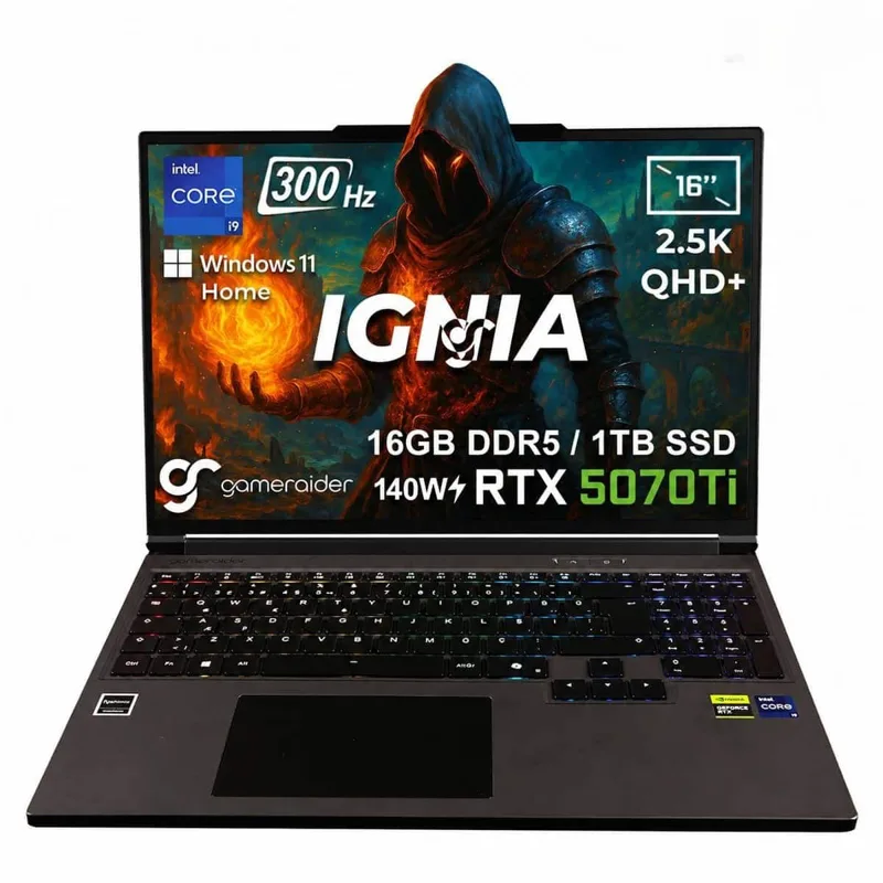 GameRaider IGNIA GR16 Intel Core i9-14900HX GeForce RTX 5070Ti 12GB 140W 16GB DDR5 1TB SSD 16 inç 2.5K QHD+ 300Hz W11 Home Gaming Laptop – Çanta Hediyeli