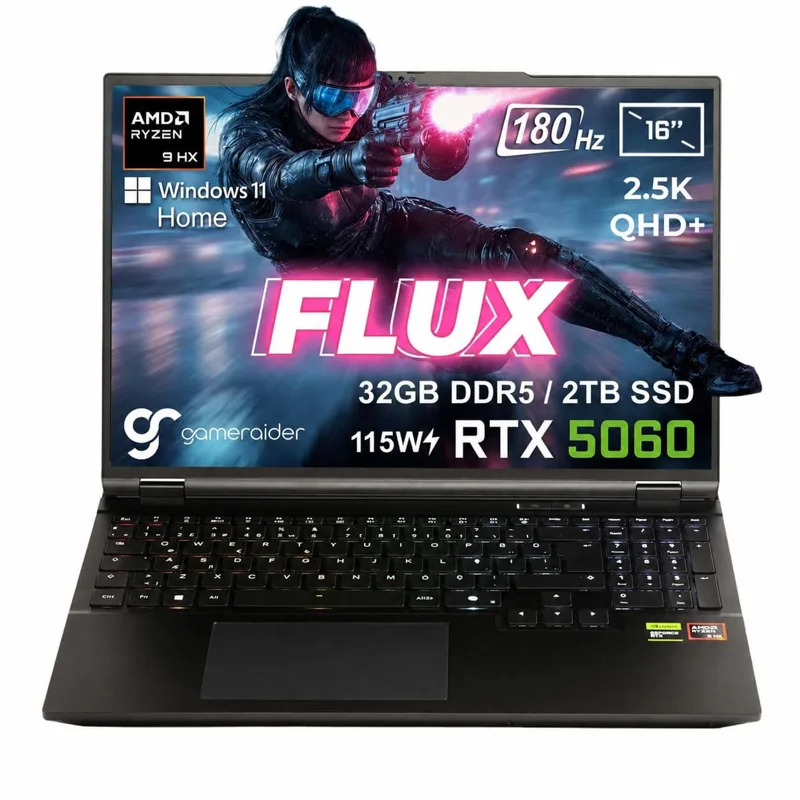 GameRaider FLUX GR16 AMD Ryzen 9-8940HX GeForce RTX 5060 8GB 115W 32GB DDR5 2TB SSD 16 inç 2.5K QHD+ 180Hz W11 Home Gaming Laptop – Çanta Hediyeli