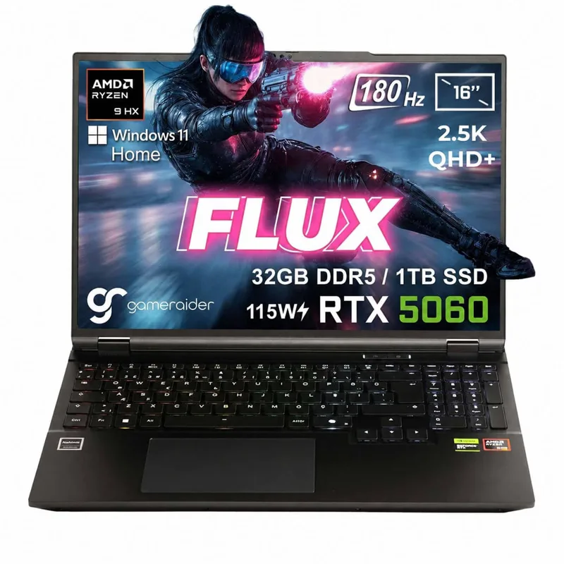 GameRaider FLUX GR16 AMD Ryzen 9-8940HX GeForce RTX 5060 8GB 115W 32GB DDR5 1TB SSD 16 inç 2.5K QHD+ 180Hz W11 Home Gaming Laptop – Çanta Hediyeli