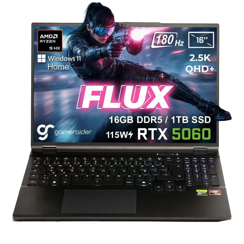 GameRaider FLUX GR16 AMD Ryzen 9-8940HX GeForce RTX 5060 8GB 115W 16GB DDR5 1TB SSD 16 inç 2.5K QHD+ 180Hz W11 Home Gaming Laptop – Çanta Hediyeli