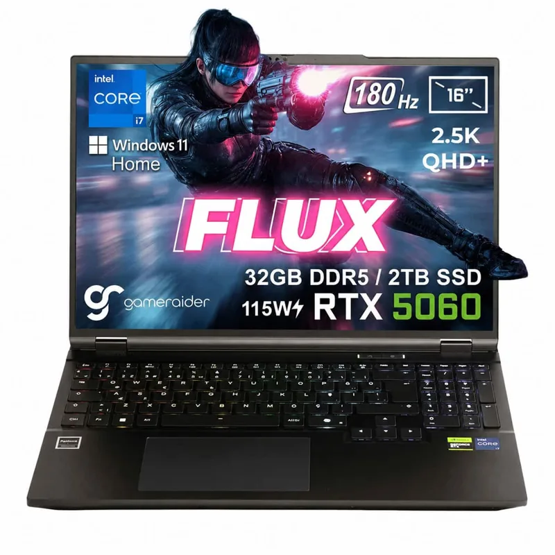 GameRaider FLUX GR16 Intel Core i7-14650HX GeForce RTX 5060 8GB 115W 32GB DDR5 2TB SSD 16 inç 2.5K QHD+ 180Hz W11 Home Gaming Laptop – Çanta Hediyeli
