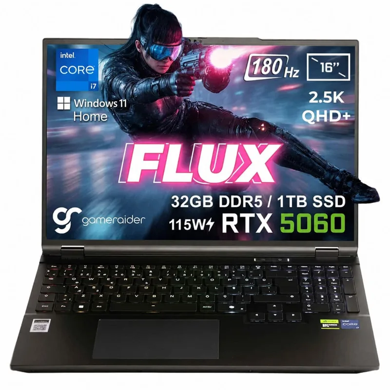 GameRaider FLUX GR16 Intel Core i7-14650HX GeForce RTX 5060 8GB 115W 32GB DDR5 1TB SSD 16 inç 2.5K QHD+ 180Hz W11 Home Gaming Laptop – Çanta Hediyeli