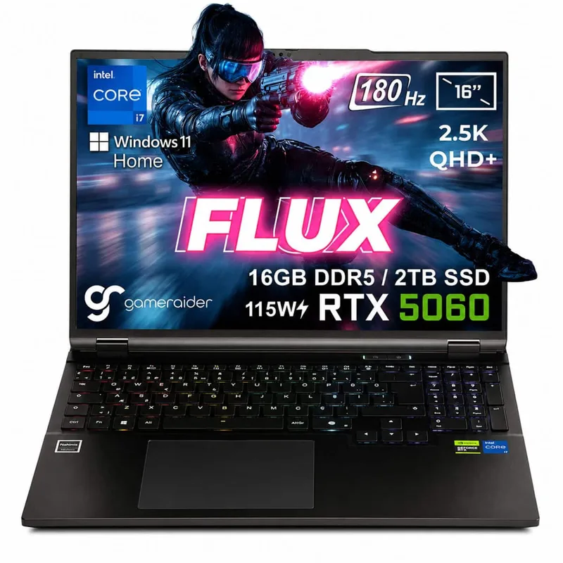 GameRaider FLUX GR16 Intel Core i7-14650HX GeForce RTX 5060 8GB 115W 16GB DDR5 2TB SSD 16 inç 2.5K QHD+ 180Hz W11 Home Gaming Laptop – Çanta Hediyeli