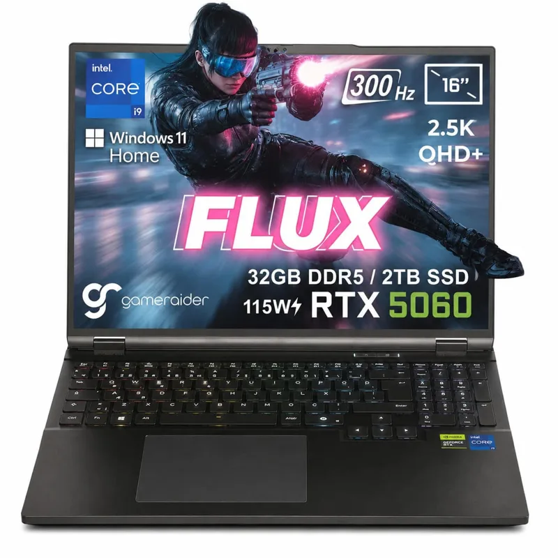 GameRaider FLUX GR16 Intel Core i9-14900HX GeForce RTX 5060 8GB 115W 32GB DDR5 2TB SSD 16 inç 2.5K QHD+ 300Hz W11 Home Gaming Laptop – Çanta Hediyeli