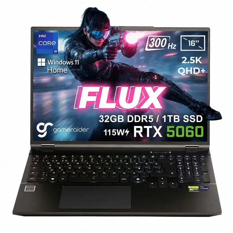 GameRaider FLUX GR16 Intel Core i9-14900HX GeForce RTX 5060 8GB 115W 32GB DDR5 1TB SSD 16 inç 2.5K QHD+ 300Hz W11 Home Gaming Laptop – Çanta Hediyeli