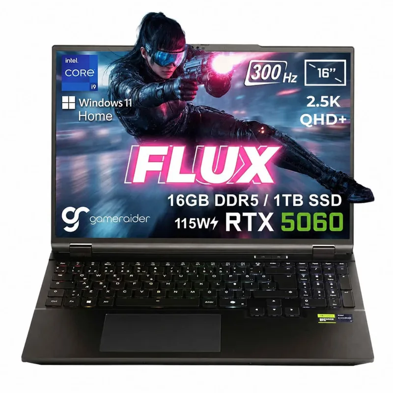GameRaider FLUX GR16 Intel Core i9-14900HX GeForce RTX 5060 8GB 115W 16GB DDR5 1TB SSD 16 inç 2.5K QHD+ 300Hz W11 Home Gaming Laptop – Çanta Hediyeli