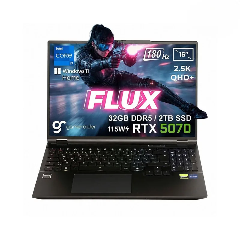GameRaider FLUX GR16 Intel Core i7-14650HX GeForce RTX 5070 8GB 115W 32GB DDR5 2TB SSD 16 inç 2.5K QHD+ 180Hz W11 Home Gaming Laptop – Çanta Hediyeli