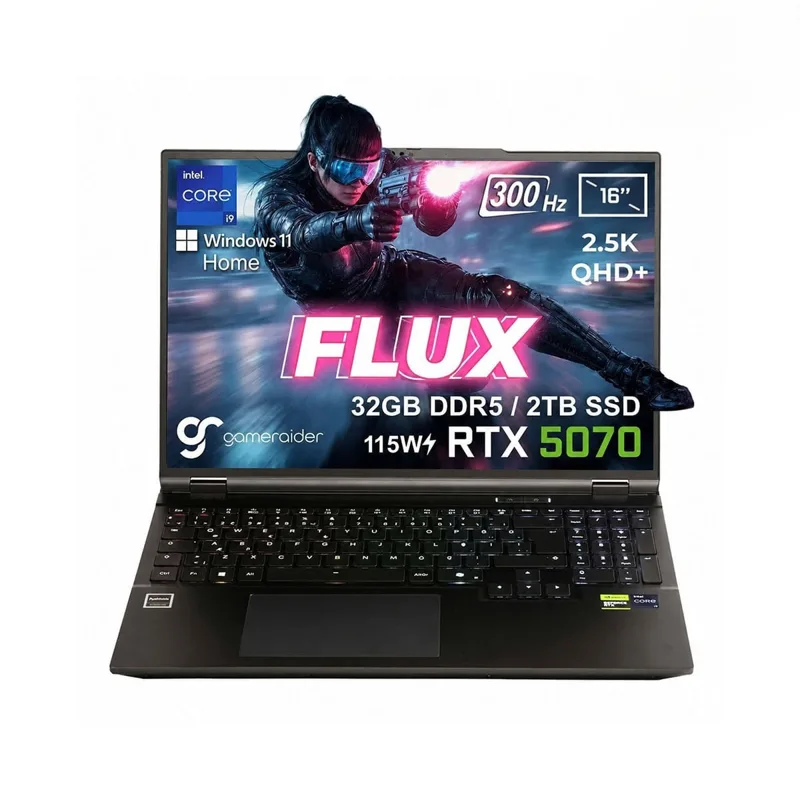 GameRaider FLUX GR16 Intel Core i9-14900HX GeForce RTX 5070 8GB 115W 32GB DDR5 2TB SSD 16 inç 2.5K QHD+ 300Hz W11 Home Gaming Laptop – Çanta Hediyeli