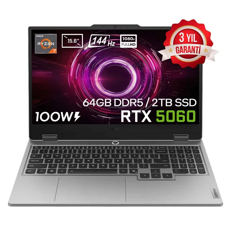 Lenovo LOQ 15AHP10 AMD Ryzen 7 250 GeForce RTX 5060 8GB 100W 64GB DDR5 2TB SSD 15.6 inç Full HD 144Hz IPS FreeDos Gaming Laptop (83JG008UTRv5)
