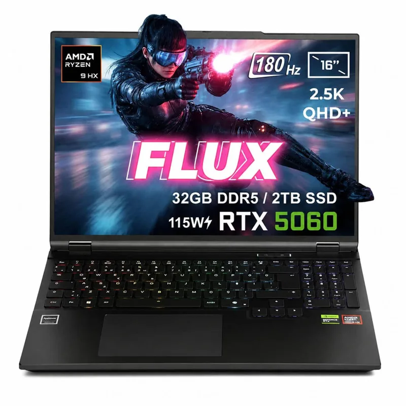 GameRaider FLUX GR16 AMD Ryzen 9-8940HX GeForce RTX 5060 8GB 115W 32GB DDR5 2TB SSD 16 inç 2.5K QHD+ 180Hz FreeDos Gaming Laptop – Çanta Hediyeli