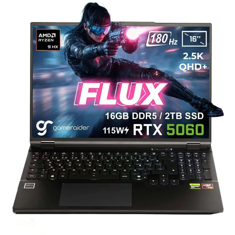 GameRaider FLUX GR16 AMD Ryzen 9-8940HX GeForce RTX 5060 8GB 115W 16GB DDR5 2TB SSD 16 inç 2.5K QHD+ 180Hz FreeDos Gaming Laptop – Çanta Hediyeli