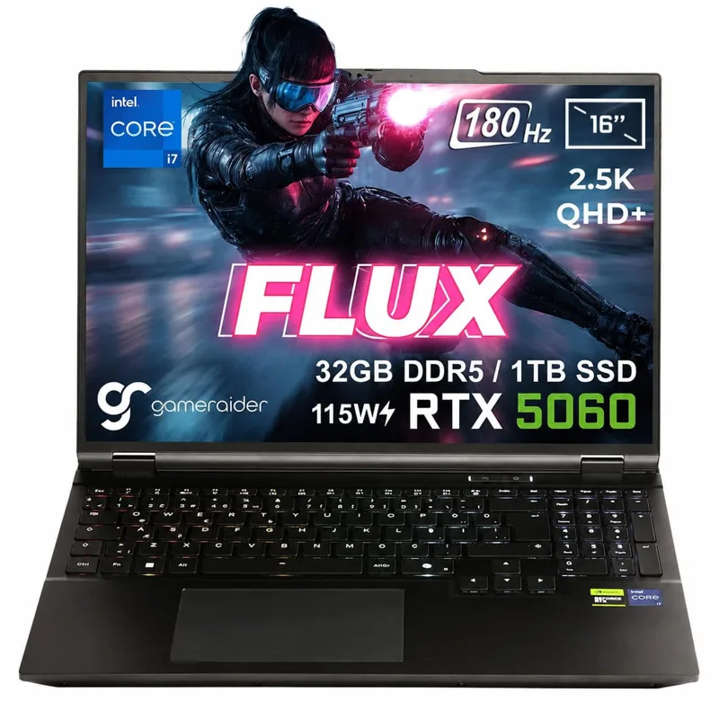 GameRaider FLUX GR16 Intel Core i7-14650HX GeForce RTX 5060 8GB 115W 32GB DDR5 1TB SSD 16 inç 2.5K QHD+ 180Hz FreeDos Gaming Laptop – Çanta Hediyeli