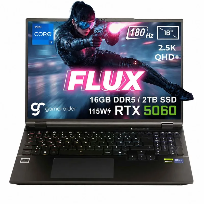 GameRaider FLUX GR16 Intel Core i7-14650HX GeForce RTX 5060 8GB 115W 16GB DDR5 2TB SSD 16 inç 2.5K QHD+ 180Hz FreeDos Gaming Laptop – Çanta Hediyeli