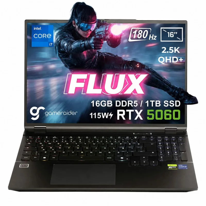 GameRaider FLUX GR16 Intel Core i7-14650HX GeForce RTX 5060 8GB 115W 16GB DDR5 1TB SSD 16 inç 2.5K QHD+ 180Hz FreeDos Gaming Laptop – Çanta Hediyeli