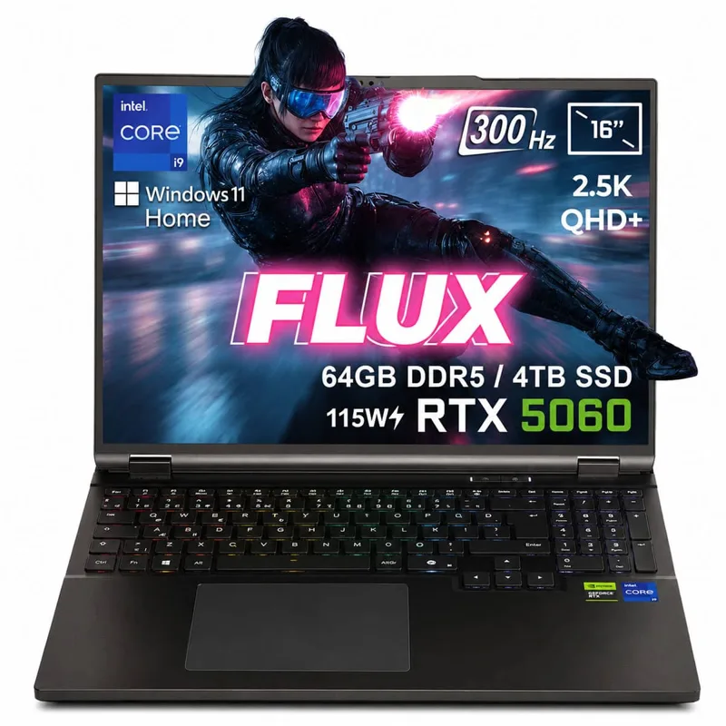 GameRaider FLUX GR16 Intel Core i9-14900HX GeForce RTX 5060 8GB 115W 64GB DDR5 4TB SSD 16 inç 2.5K QHD+ 300Hz FreeDos Gaming Laptop – Çanta Hediyeli