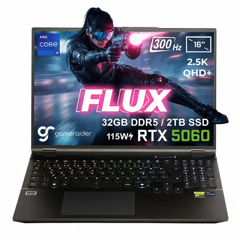 GameRaider FLUX GR16 Intel Core i9-14900HX GeForce RTX 5060 8GB 32GB DDR5 2TB SSD 115W 16 inç 2.5K QHD+ 300Hz FreeDos Gaming Laptop – Çanta Hediyeli