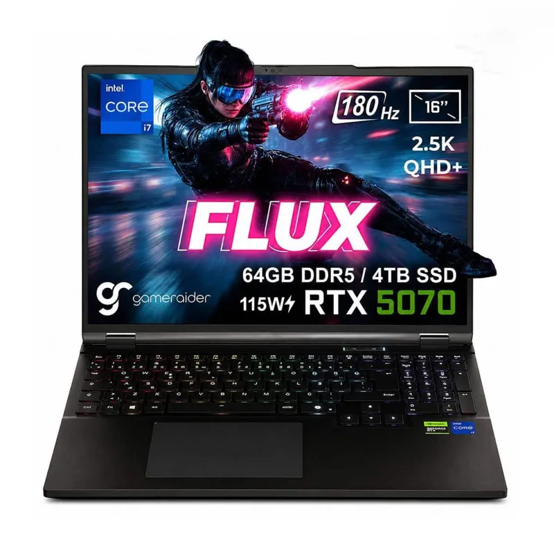 GameRaider FLUX GR16 Intel Core i7-14650HX GeForce RTX 5070 8GB 115W 64GB DDR5 4TB SSD 16 inç 2.5K QHD+ 180Hz FreeDos Gaming Laptop – Çanta Hediyeli