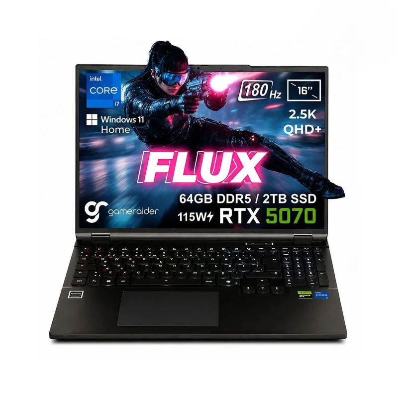 GameRaider FLUX GR16 Intel Core i7-14650HX GeForce RTX 5070 8GB 115W 64GB DDR5 2TB SSD 16 inç 2.5K QHD+ 180Hz FreeDos Gaming Laptop – Çanta Hediyeli