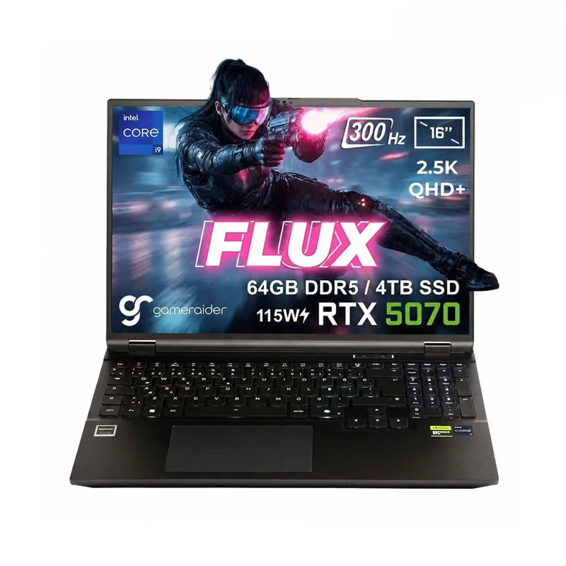 GameRaider FLUX GR16 Intel Core i9-14900HX GeForce RTX 5070 8GB 115W 64GB DDR5 4TB SSD 16 inç 2.5K QHD+ 300Hz FreeDos Gaming Laptop – Çanta Hediyeli
