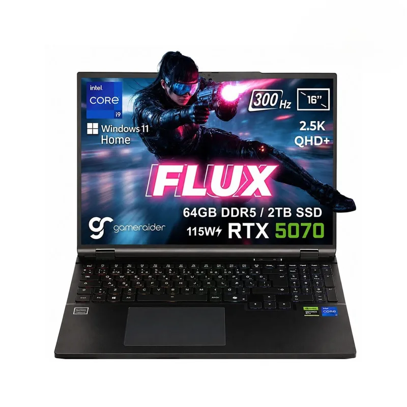 GameRaider FLUX GR16 Intel Core i9-14900HX GeForce RTX 5070 8GB 115W 64GB DDR5 2TB SSD 16 inç 2.5K QHD+ 300Hz FreeDos Gaming Laptop – Çanta Hediyeli