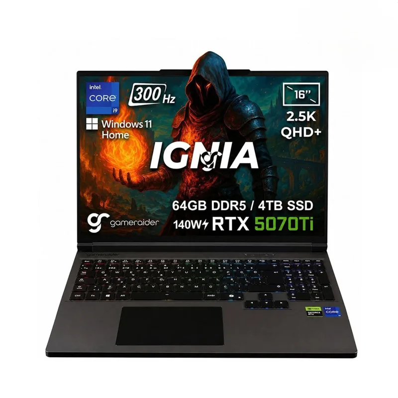 GameRaider IGNIA GR16 Intel Core i9-14900HX GeForce RTX 5070Ti 12GB 140W 64GB DDR5 4TB SSD 16 inç 2.5K QHD+ 300Hz FreeDos Gaming Laptop – Çanta Hediyeli