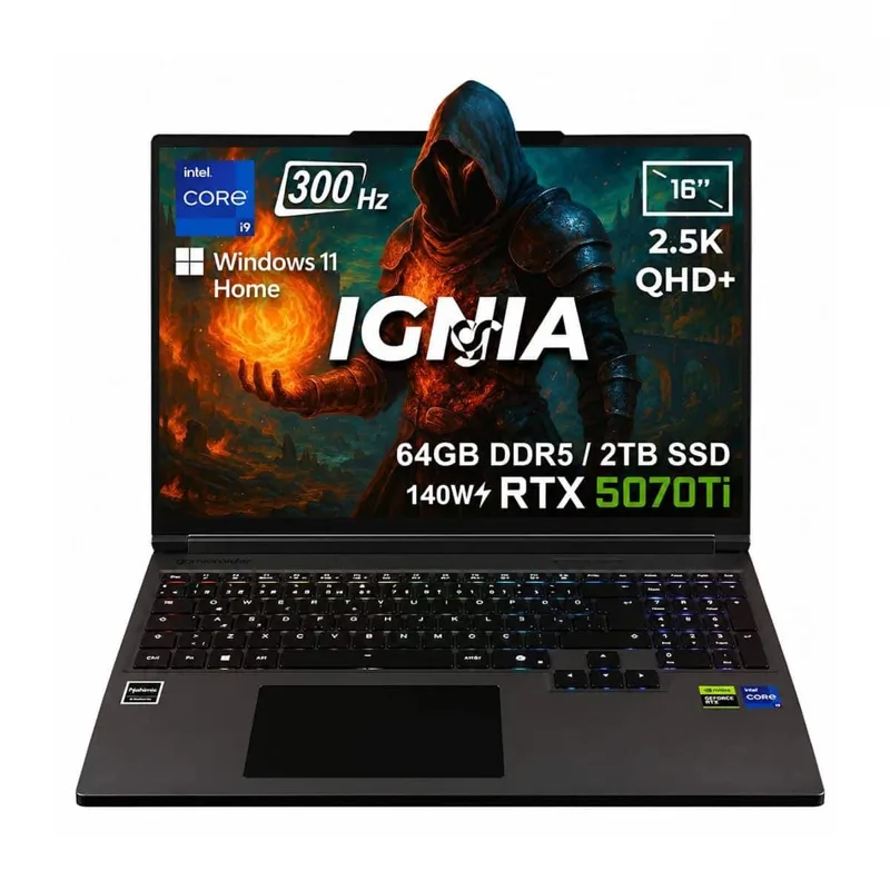 GameRaider IGNIA GR16 Intel Core i9-14900HX GeForce RTX 5070Ti 12GB 140W 64GB DDR5 2TB SSD 16 inç 2.5K QHD+ 300Hz FreeDos Gaming Laptop – Çanta Hediyeli