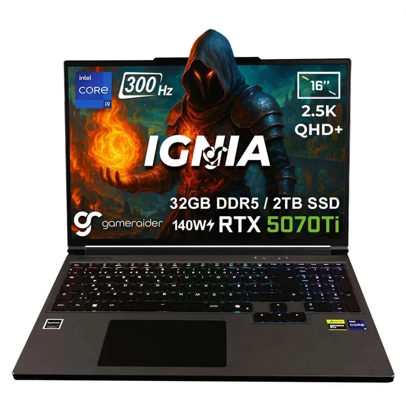 GameRaider IGNIA GR16 Intel Core i9-14900HX GeForce RTX 5070Ti 12GB 140W 32GB DDR5 2TB SSD 16 inç 2.5K QHD+ 300Hz FreeDos Gaming Laptop – Çanta Hediyeli