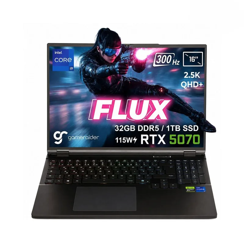 GameRaider FLUX GR16 Intel Core i9-14900HX GeForce RTX 5070 8GB 115W 32GB DDR5 1TB SSD 16 inç 2.5K QHD+ 300Hz FreeDos Gaming Laptop – Çanta Hediyeli