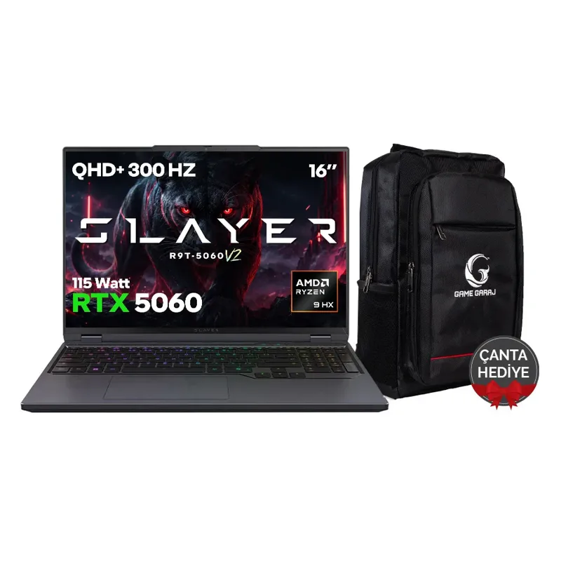 Game Garaj Slayer R9T-5060 v2 C6 AMD Ryzen 9 8945HX RTX5060 32GB RAM 1TB SSD 16'' QHD+ 300Hz FreeDos Oyuncu Laptop